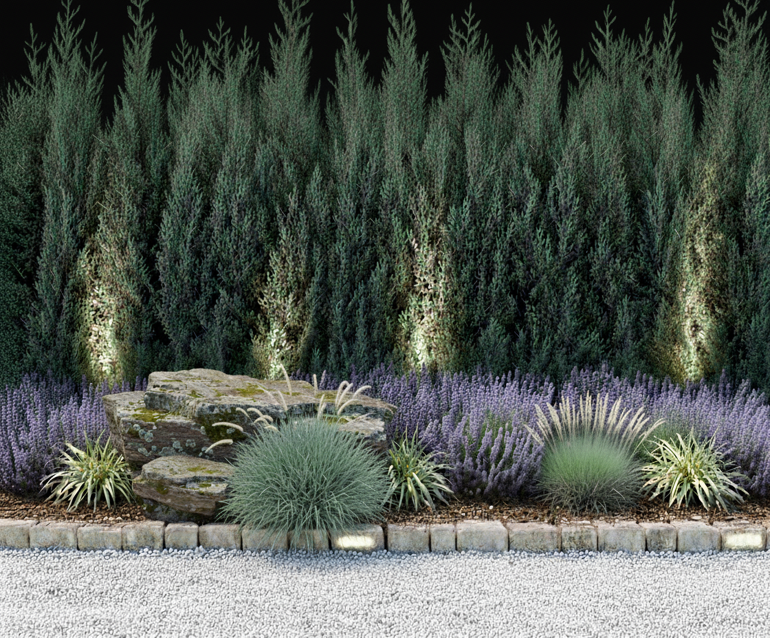 Night Border with Balanced Fescue and Boulder